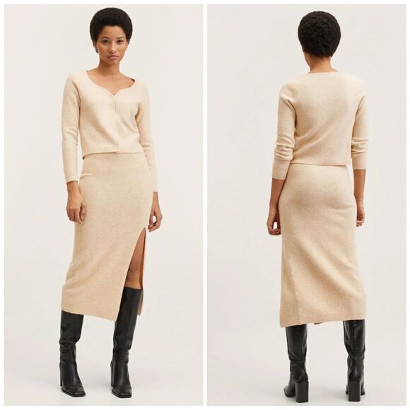 Mango Knit Co-Ord Set Skirt Cardigan Beige - Picture 7 of 7
